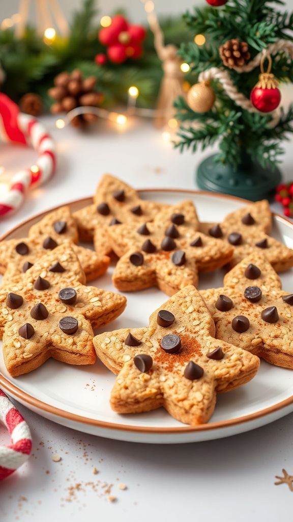 A plate of healthy Christmas cookies shaped like stars and trees, decorated with chocolate chips, on a festive table.
